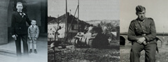 Fotos von Walter Laich: Konfirmation, als Besatzungs&shy;soldat in Bordeaux und ein von ihm im Elsass zerstörter Panzer. Der von Walter Laich beim Aussteigen hinter&shy;rücks angeschossene Kommandant der Panzer&shy;kolonne starb im Januar 1945 in einem Lazarett in Bad Harzburg.